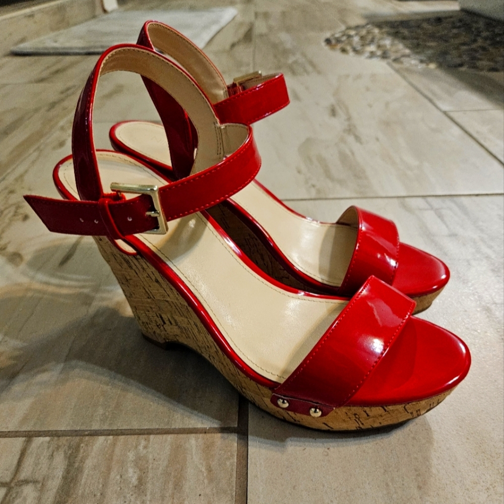 NINE WEST Red Patent Leather Sandal Wedges 9.5